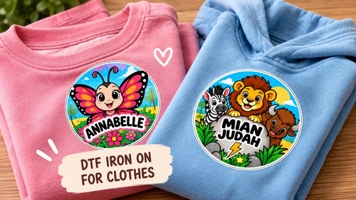 DTF iron-on name badges on a pink jumper and a blue hoodie