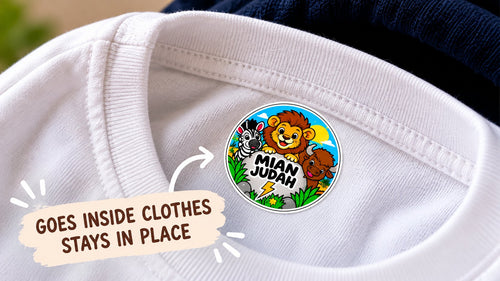 Iron-on name badge inside a white t-shirt collar