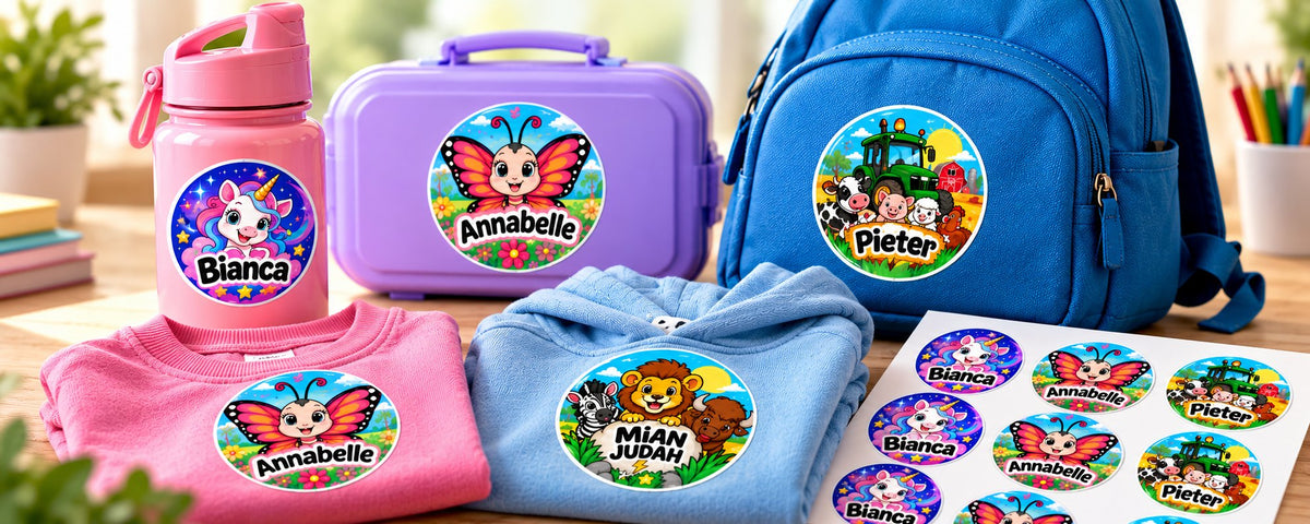 Personalised name stickers on a water bottle, lunch box, school bag, jumper, hoodie and a sticker sheet